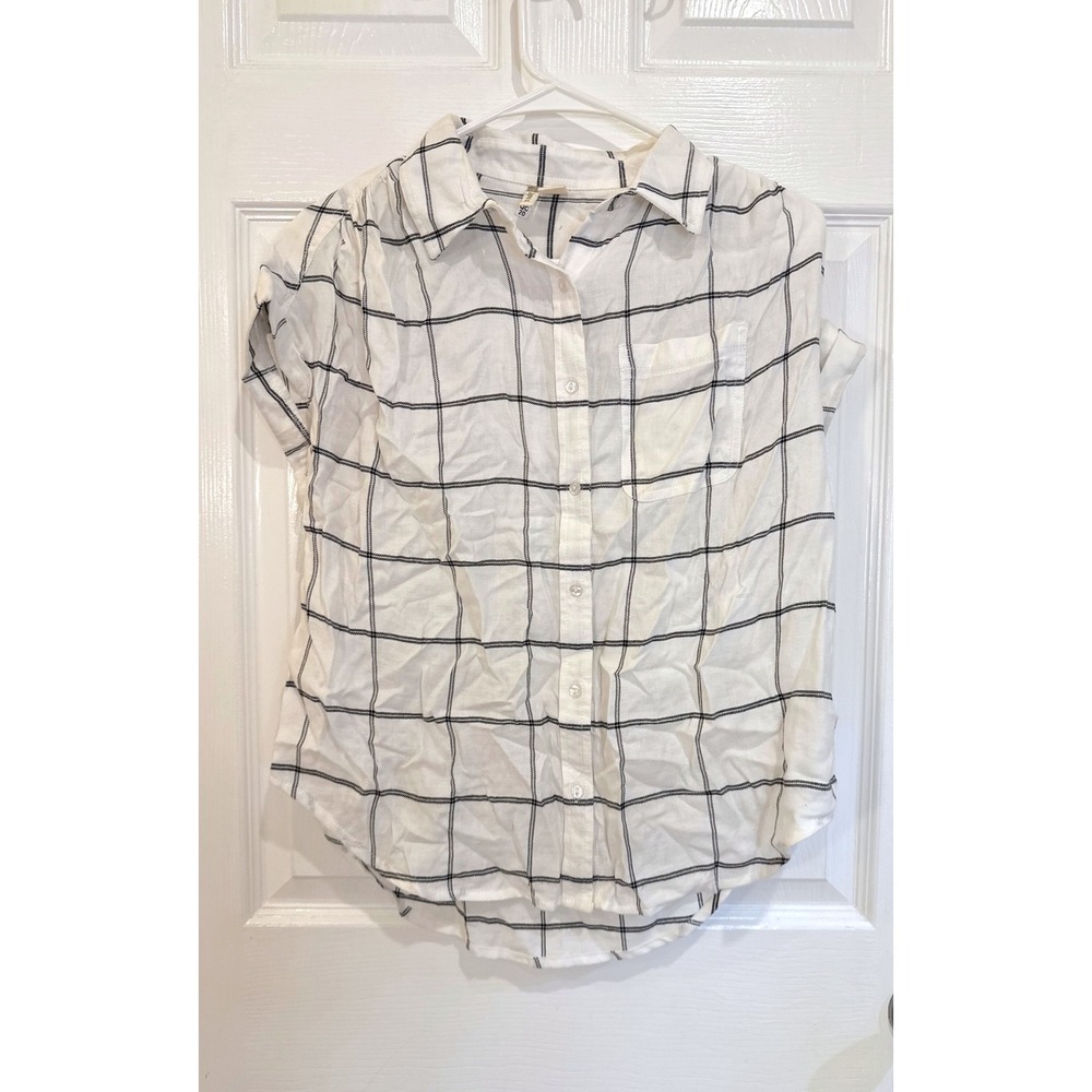 Japna White Plaid Button Down Short Sleeve‎ Shirt Top